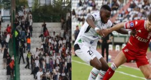Brutal pelea en la tribuna del estadio de Manizales entre hinchas del Once Caldas y Huracán en partido de Copa Sudamericana